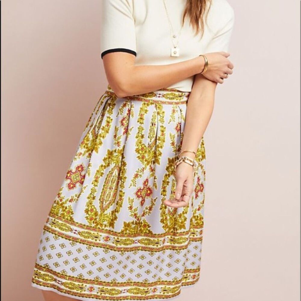 Anthropologie White Midi Skirt with Gold and Pink Paisley Print